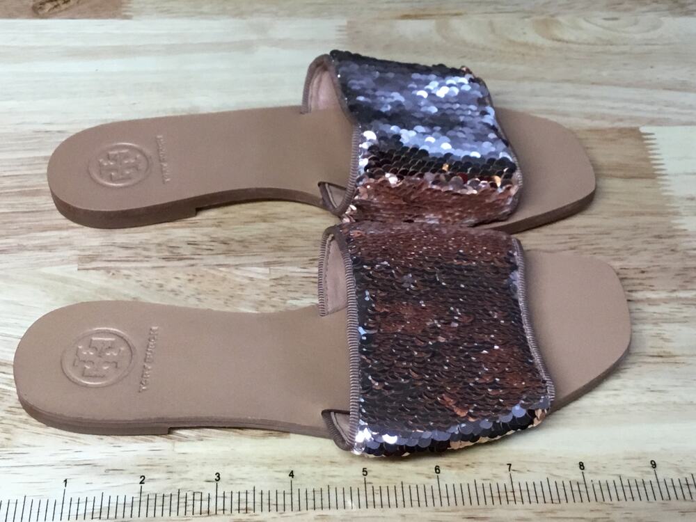 Tory Burch Slide Sandals Women's 5.5 M Silver Carter Sequin Slip-On Open Toe